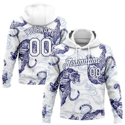 Stitched White Navy 3D Pattern Design Tiger Sports Pullover Sweatshirt Custom Hoodie