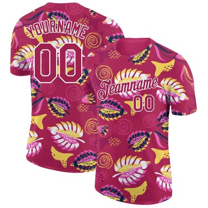 Deep Pink White 3D Pattern Design Tropical Palm Leaf Performance Custom T-Shirt