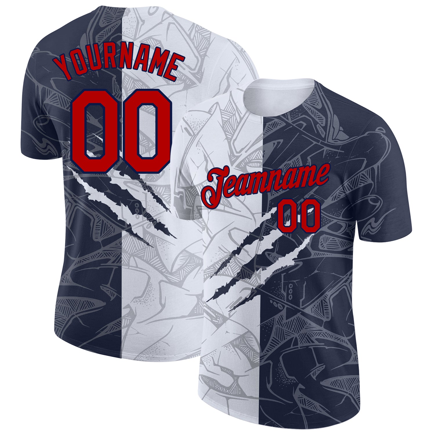 GraffitiP0230_1500x.jpg Graffiti Pattern Red-Navy Scratch 3D Performance Custom T-Shirt - Image 1