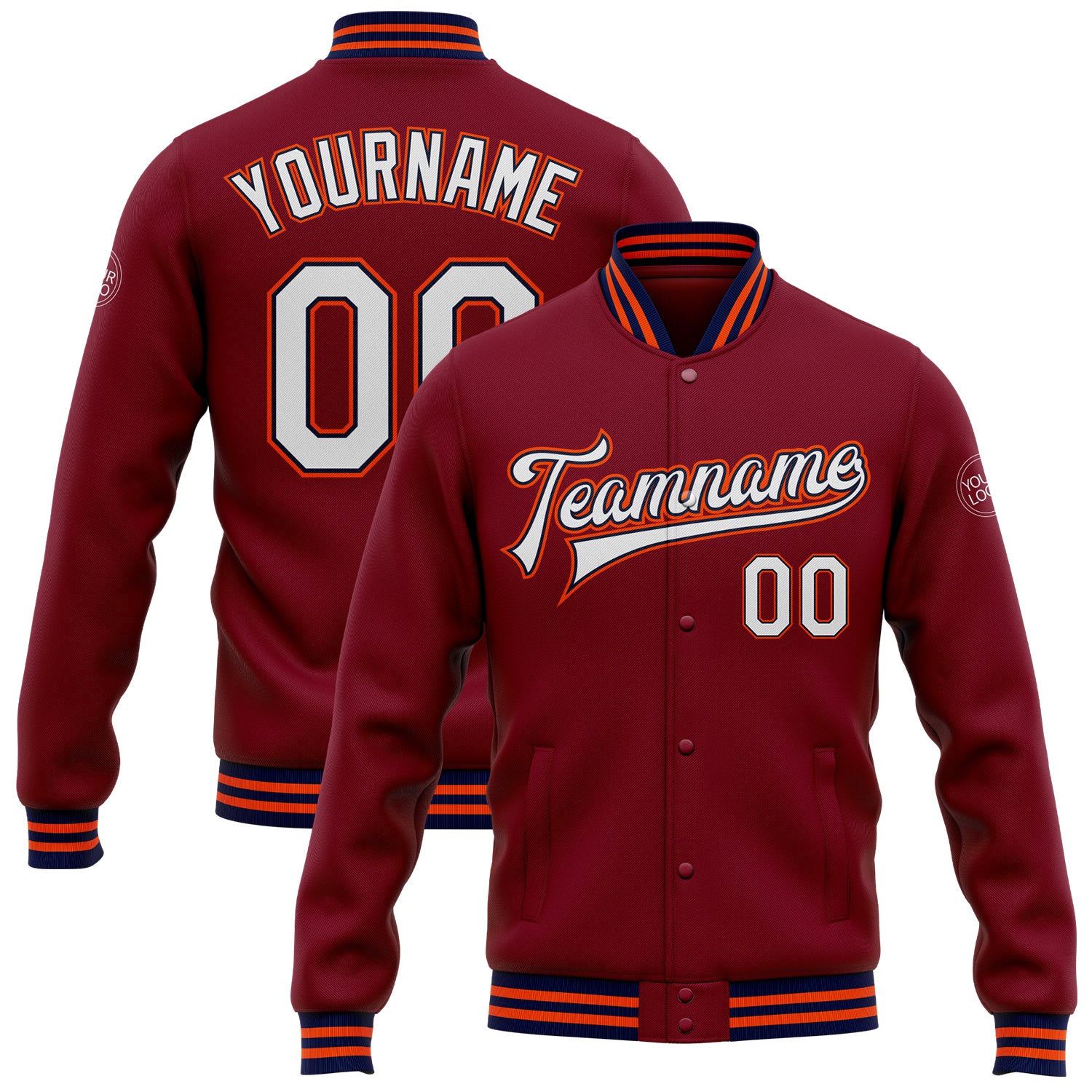 Jacket1225_1500x.jpg Crimson White Navy-Orange Bomber Full-Snap Varsity Letterman Custom Jacket - Image 1