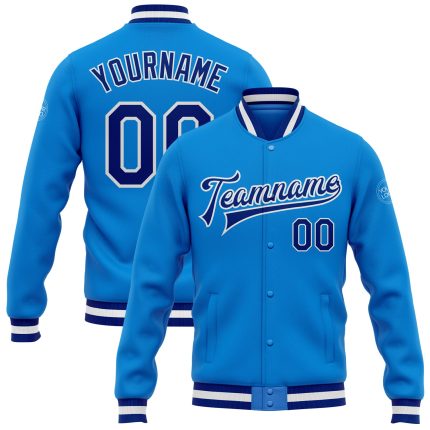 Powder Blue Royal-White Bomber Full-Snap Varsity Letterman Custom Jacket