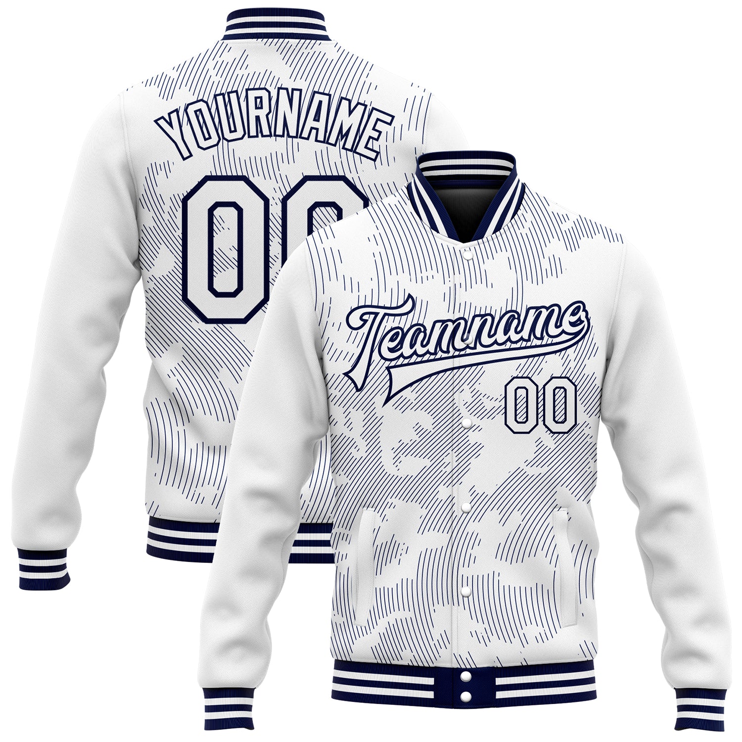 Jacket1806_1500x.jpg White Navy 3D Pattern Design Bomber Full-Snap Varsity Letterman Custom Jacket - Image 1