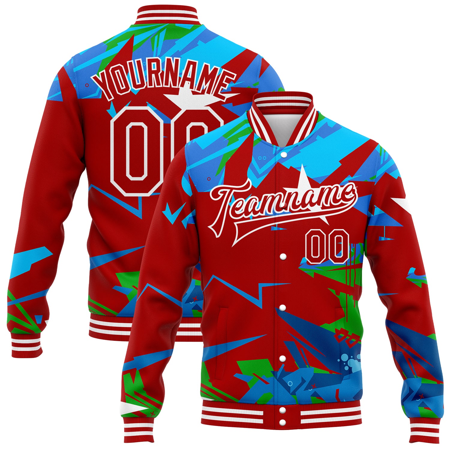 Jacket1857_1500x.jpg Graffiti Pattern Red-White Hiphop Abstract Urban Street Art 3D Bomber Full-Snap Varsity Letterman Custom Jacket - Image 1