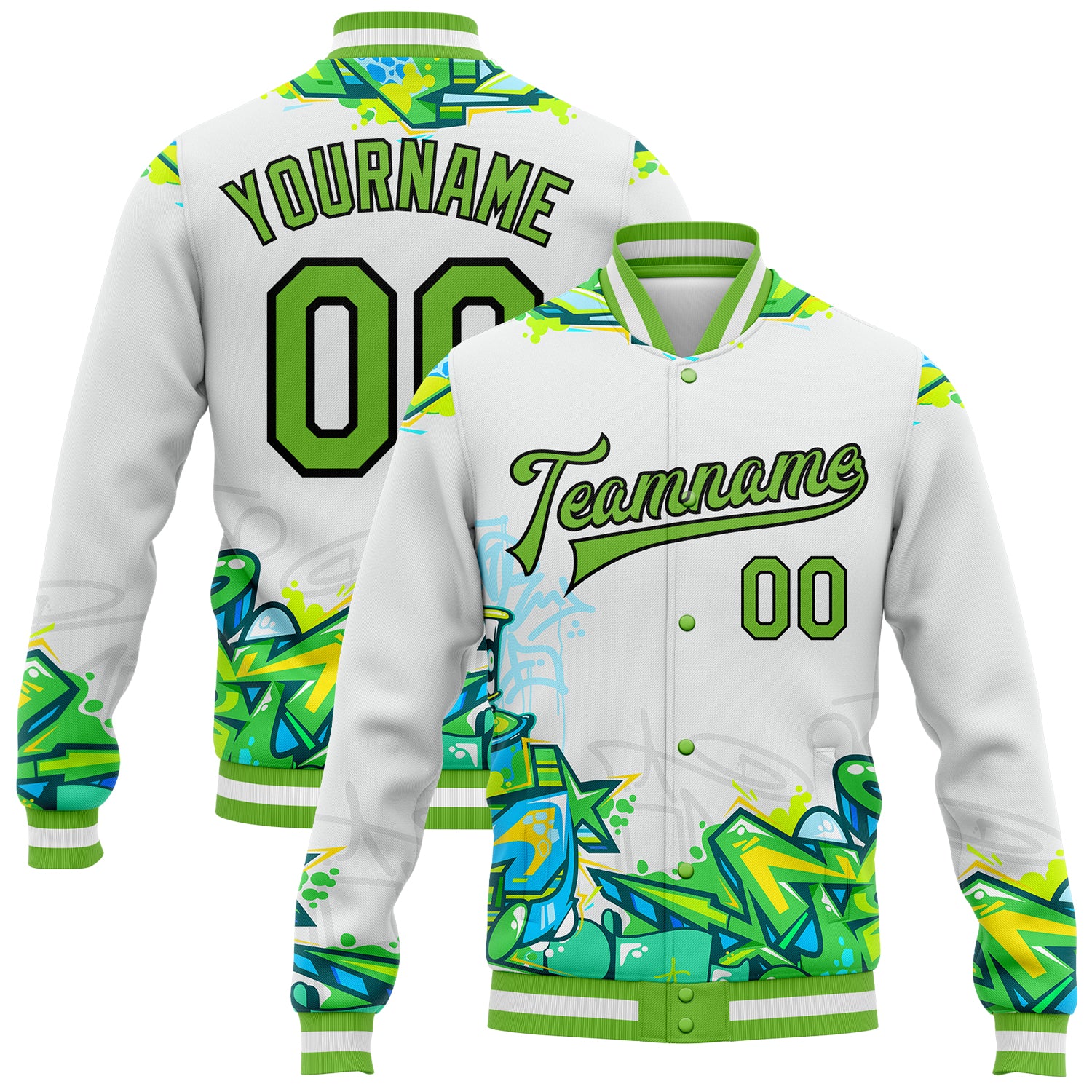 Jacket1865_1500x.jpg Graffiti Pattern Neon Green-Black Trendy Abstract Urban Street Art 3D Bomber Full-Snap Varsity Letterman Custom Jacket - Image 1