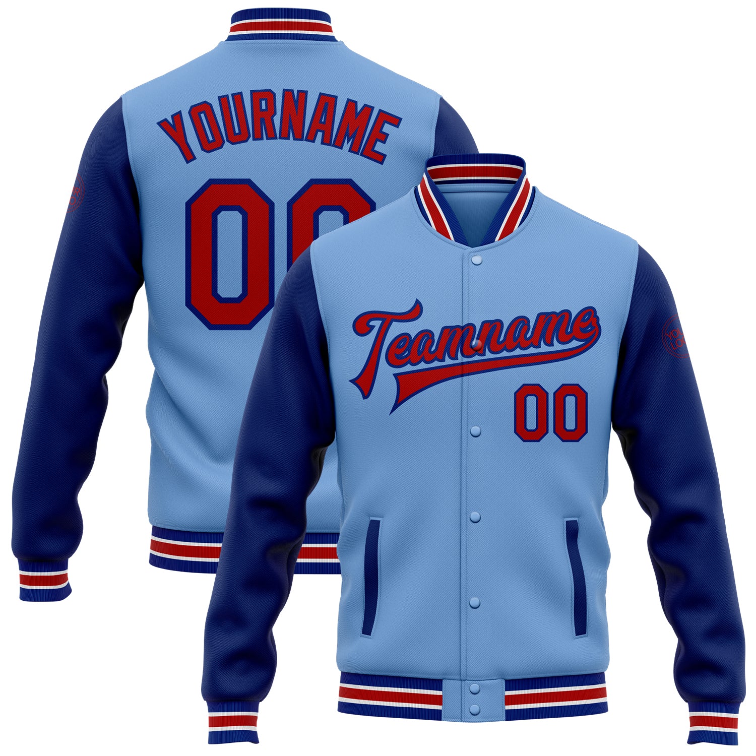 Jacket2009_1500x.jpg Light Blue Red-Royal Bomber Full-Snap Varsity Letterman Two Tone Custom Jacket - Image 1