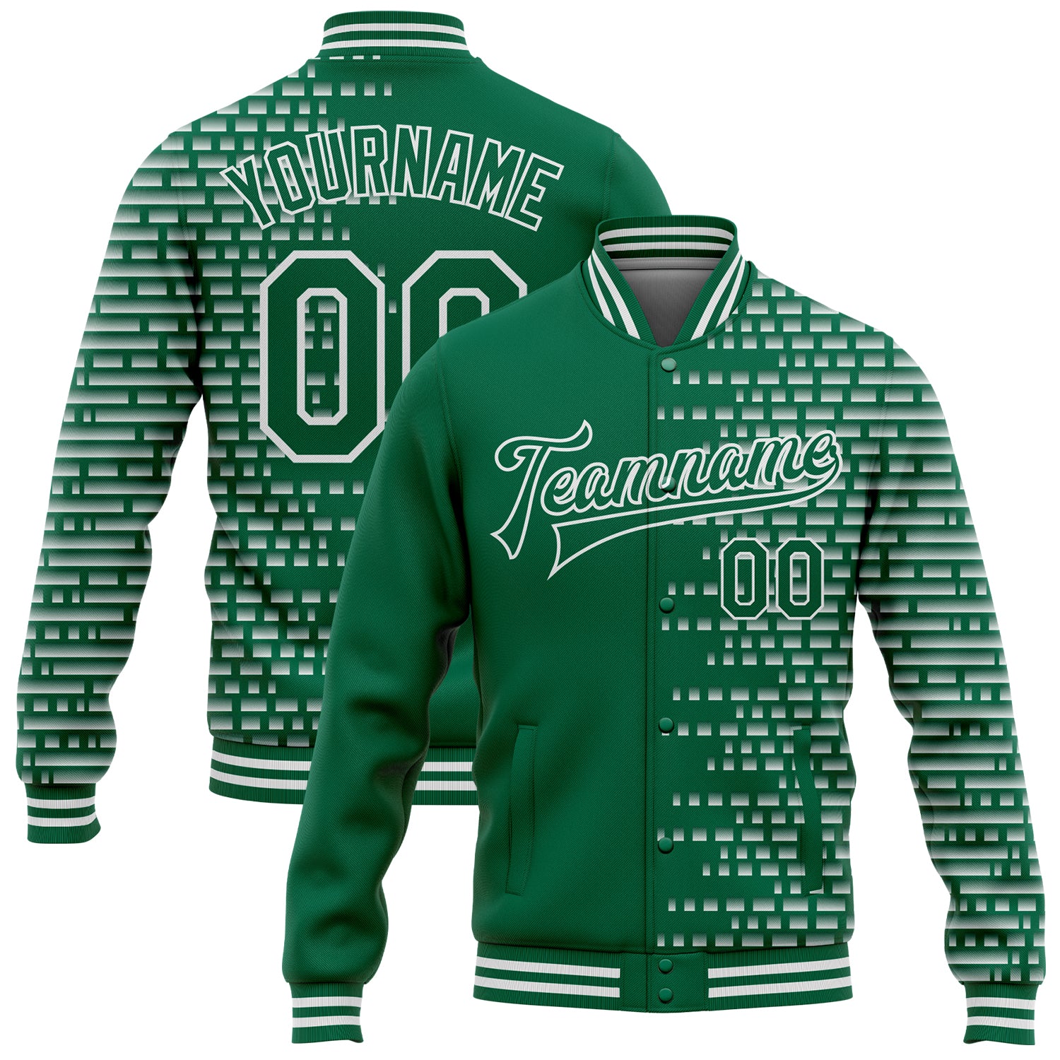 Jacket2524_1500x.jpg Kelly Green White Halftone 3D Pattern Design Bomber Full-Snap Varsity Letterman Custom Jacket - Image 1