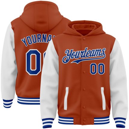 Texas Orange Royal-White Bomber Full-Snap Varsity Letterman Two Tone Custom Jacket