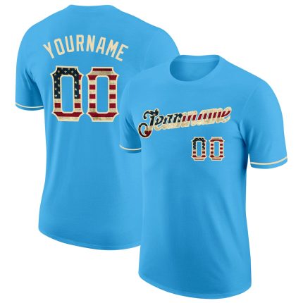 Sky Blue Vintage USA Flag-City Cream Performance Custom T-Shirt