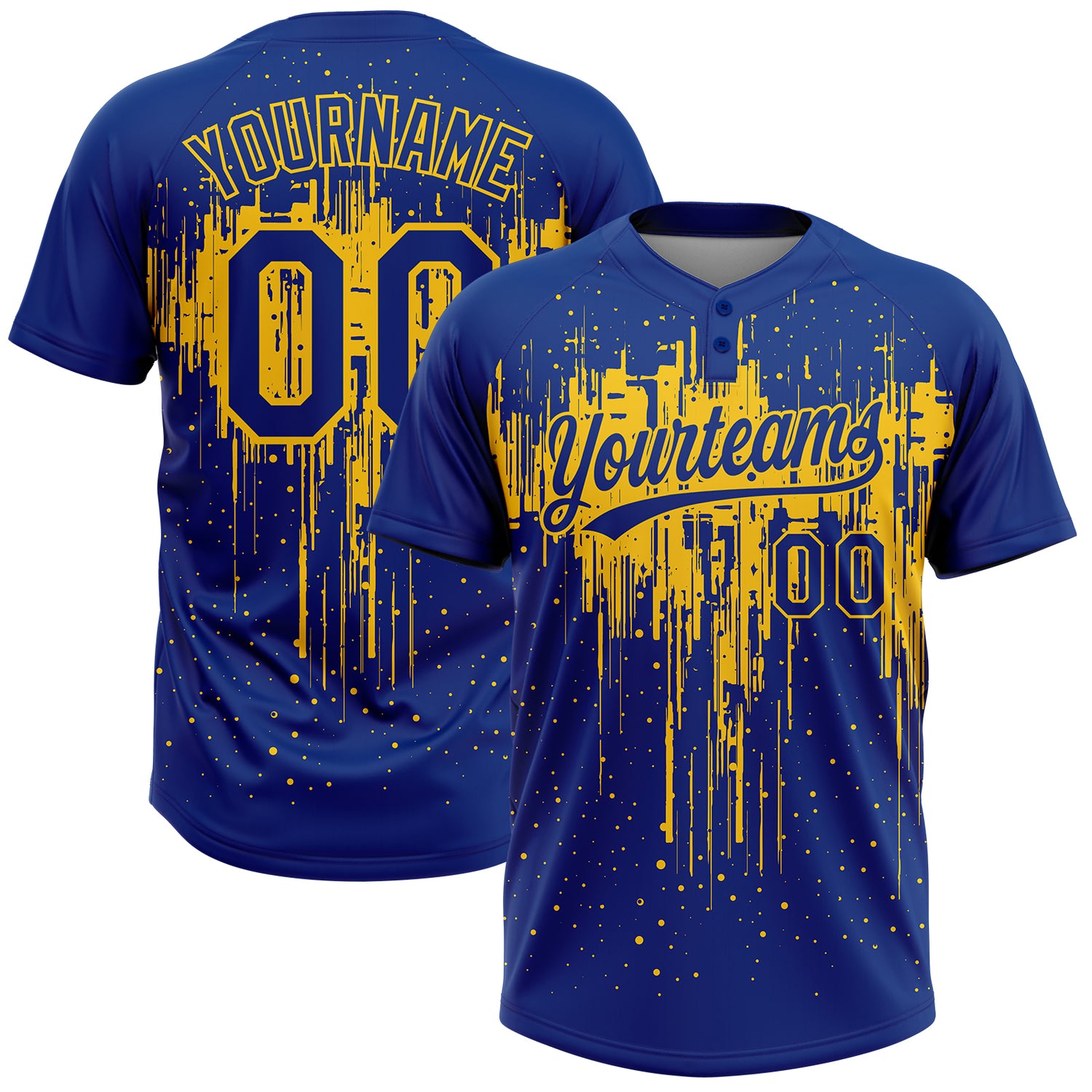Softball0705_1500x.jpg Royal Yellow 3D Pattern Dripping Splatter Art Two-Button Unisex Custom Jersey - Image 1
