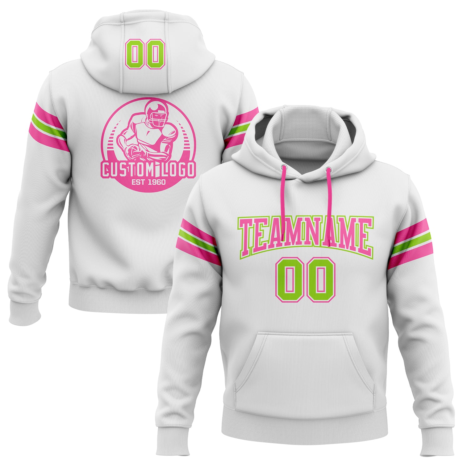White1528_1500x.jpg Stitched White Neon Green-Pink Football Pullover Sweatshirt Custom Hoodie - Image 1